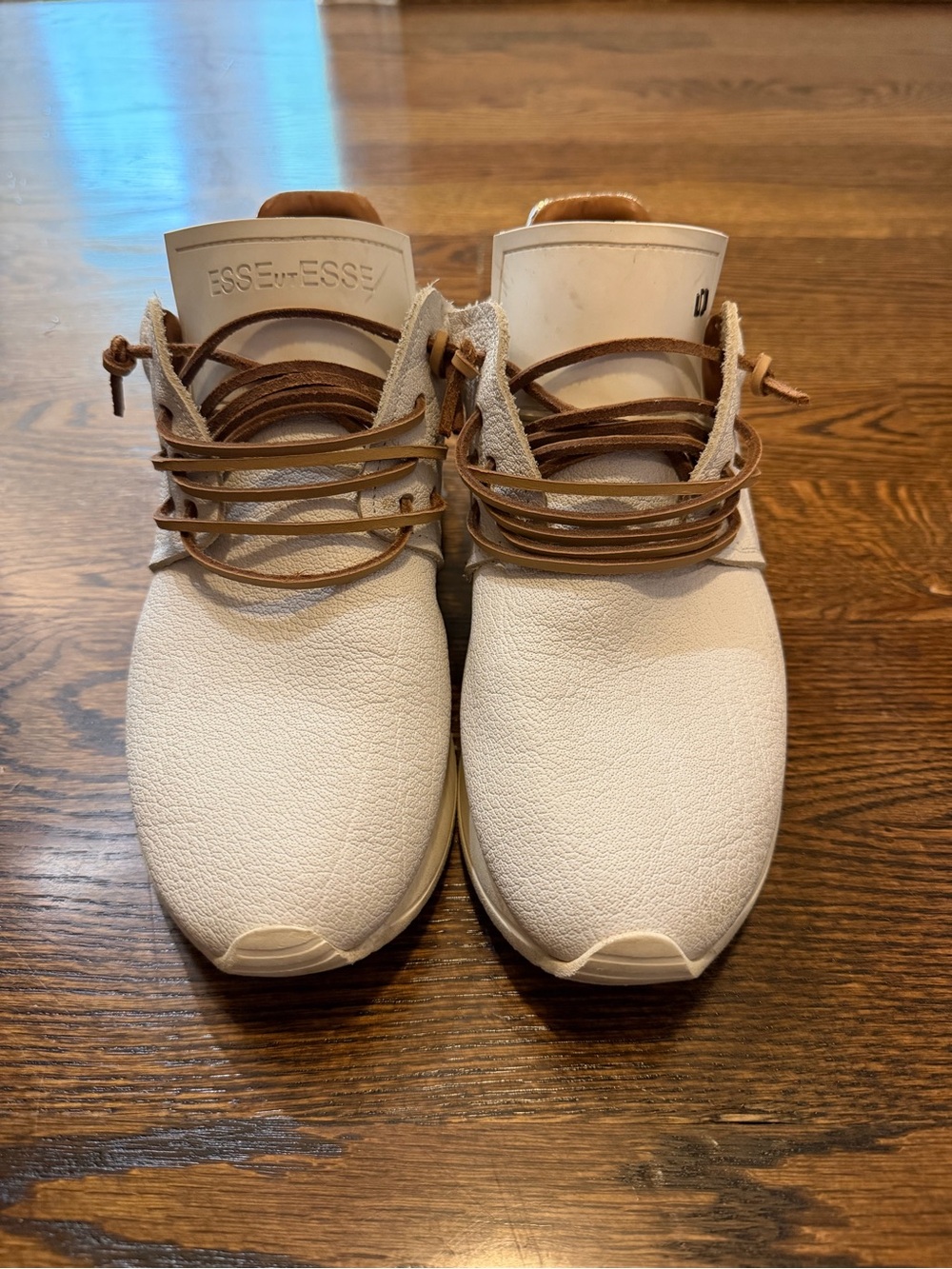 ESSEutesse White Leather Fringe Women’s Sneaker with Tan Laces